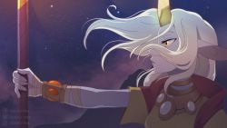 Rule 34 | 1girl, artist name, bandaged arm, bandages, breasts, colored skin, commentary, grey hair, holding, holding staff, horns, league of legends, long hair, night, odeko-yma, odeko yma, outdoors, pink skin, pointy ears, profile, short sleeves, single horn, sky, solo, soraka (league of legends), staff, star (sky), starry sky, watermark, yellow eyes