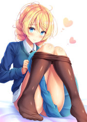 Rule 34 | 1girl, akashio (loli ace), ass, blonde hair, blouse, blue eyes, blue jacket, blue skirt, braid, brown pantyhose, clothes pull, collared shirt, commentary request, darjeeling (girls und panzer), feet, girls und panzer, heart, highres, jacket, knees together feet apart, knees up, long sleeves, looking at viewer, messy hair, miniskirt, no shoes, pantyhose, pantyhose pull, school uniform, shirt, short hair, sitting, skirt, skirt pull, smile, solo, st. gloriana&#039;s school uniform, swept bangs, thighs, undershirt, white background, white shirt