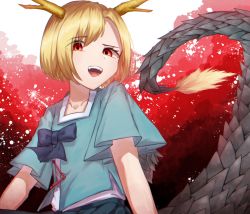 Rule 34 | 1girl, antlers, blonde hair, blue bow, blue shirt, blue skirt, blue sleeves, bow, brown background, dragon tail, eyes visible through hair, hair between eyes, highres, horns, kicchou yachie, looking at viewer, mozuno (mozya 7), open mouth, red background, red eyes, shirt, short hair, short sleeves, skirt, smile, solo, tail, touhou, turtle shell, white background