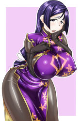 Rule 34 | 1girl, atorie yukkuri (pwhol), blush, bodysuit, breasts, china dress, chinese clothes, curvy, dress, covered erect nipples, fate/grand order, fate (series), hands resting on breasts, large breasts, long hair, looking at viewer, low-tied long hair, minamoto no raikou (fate), plump, purple eyes, purple hair, solo, very long hair