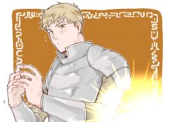 Rule 34 | 1boy, armor, brown background, brown eyes, dungeon meshi, highres, laios touden, light, light brown hair, male focus, own hands together, peptidase77398, short hair, solo, upper body