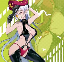 Rule 34 | 1girl, adjusting clothes, adjusting headwear, black gloves, breasts, commentary request, fangs, gloves, grin, hat, highres, long hair, looking at viewer, medium breasts, military hat, monocle, navel, original, peaked cap, pointy ears, red eyes, revealing clothes, ryuu tou, slit pupils, smile, solo, vampire, very long hair, white hair