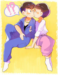 Rule 34 | !, !?, 10s, 2boys, ?, alternate costume, bad id, bad tumblr id, brothers, brown eyes, brown hair, closed eyes, incest, jumpsuit, kiss, looking at another, male focus, matsuno karamatsu, matsuno todomatsu, multiple boys, osomatsu-kun, osomatsu-san, osomatsu (series), sachidraws, short hair, siblings, sitting, spoken exclamation mark, spoken question mark, sweatdrop, yaoi, yellow background