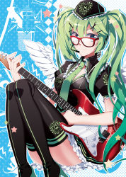 Rule 34 | 1girl, bad id, bad pixiv id, bespectacled, boots, electric guitar, glasses, green eyes, green hair, guitar, hair ornament, hairclip, hat, hatsune miku, headset, high heels, highres, instrument, long hair, matching hair/eyes, monami, necktie, sitting, skirt, smile, solo, thigh boots, thighhighs, twintails, very long hair, vocaloid, wings
