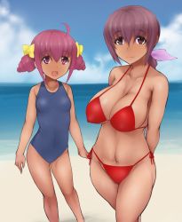 Rule 34 | 10s, 2girls, :d, abubu, age difference, ahoge, beach, bikini, blue one-piece swimsuit, blurry, bow, breasts, brown hair, cowboy shot, day, depth of field, female focus, hair bow, hair ornament, horizon, hoshizora ikuyo, hoshizora miyuki, large breasts, light smile, looking at viewer, matching hair/eyes, mature female, multiple girls, nature, one-piece swimsuit, open mouth, outdoors, precure, red bikini, red hair, sand, side-tie bikini bottom, smile, smile precure!, standing, swimsuit, tan, thighs, third-party edit, water