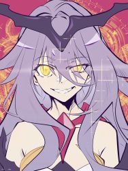 +_+ 1girl absurdres bare_shoulders evil_grin evil_smile fibonacci_no_usagi glowing glowing_eyes grin hair_between_eyes hair_ornament highres honkai_(series) honkai_impact_3rd long_hair looking_at_viewer profile purple_eyes sirin smile solo teeth yellow_eyes