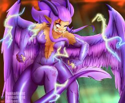 Rule 34 | 1girl, abs, absurdres, blood, blood on face, brawl stars, breasts, dragon girl, dragon horns, dragon tail, dragon wings, feathered wings, feathers, highres, horns, medium breasts, monster girl, no nipples, nude, pointy ears, purple hair, scales, solo, sparks, tail, wings, yellow eyes