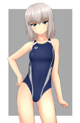 Rule 34 | 10s, 1girl, absurdres, arena (company), bad id, bad pixiv id, blue eyes, blue one-piece swimsuit, competition swimsuit, contrapposto, cowboy shot, flat chest, girls und panzer, highres, itsumi erika, looking at viewer, one-piece swimsuit, short hair, silver hair, solo, standing, swimsuit, takafumi