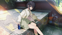 Rule 34 | 1girl, absurdres, bag, black hair, blurry, can, collared shirt, day, depth of field, dress shirt, drink can, feet out of frame, glasses, green skirt, hair ornament, hairclip, head tilt, highres, holding, long sleeves, looking at viewer, original, photo background, round eyewear, shirt, short hair, shoulder bag, sidelocks, sitting, skirt, soda can, solo, stairs, sunlight, suyi-j, wall, white shirt, x hair ornament