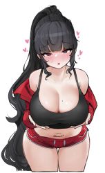 Rule 34 | 1girl, :o, bare shoulders, black eyes, black hair, black tank top, blunt bangs, blush, breast hold, breasts, cleavage, collarbone, cowboy shot, dolphin shorts, embarrassed, half-closed eyes, heart, heart-shaped pupils, high ponytail, highres, jacket, large breasts, long hair, long sleeves, looking at viewer, mole, mole on breast, navel, nujig, off shoulder, open mouth, original, panties, ponytail, red jacket, red panties, shorts, simple background, sleeves past wrists, solo, standing, stomach, symbol-shaped pupils, tank top, underwear, very long hair, white background