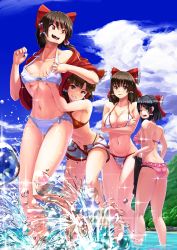Rule 34 | 4girls, absurdres, ass, benikurage (cookie), bikini, black hair, blush, bow, breasts, brown eyes, brown hair, cleavage, cloud, collarbone, cookie (touhou), day, fang, groping, hair bow, hair tubes, hakurei reimu, highres, hundred-jpy, kanna (cookie), kneepits, large breasts, looking at another, looking at viewer, multiple girls, navel, open mouth, parted lips, red bow, red eyes, reu (cookie), sananana (cookie), side-tie bikini bottom, skin fang, smile, splashing, standing, swimsuit, teeth, touhou, wading, yellow eyes