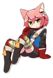 Rule 34 | 1girl, 7th dragon, 7th dragon (series), animal ear fluff, animal ears, arm support, belt, belt buckle, black footwear, black shorts, blue jacket, blush, boots, buckle, cat ears, chibi, commentary request, fighter (7th dragon), gloves, green eyes, hair between eyes, hair bobbles, hair ornament, hand up, harukara (7th dragon), head tilt, highres, jacket, knee boots, long sleeves, looking at viewer, naga u, one side up, parted lips, pink hair, red gloves, shadow, short shorts, shorts, sitting, solo, striped clothes, striped thighhighs, thighhighs, thighhighs under boots, white background, white belt