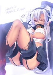 Rule 34 | 1girl, ass, bad id, bad pixiv id, bandages, black gloves, black nails, black panties, black skirt, black thighhighs, breasts, budget sarashi, commentary request, dark-skinned female, dark skin, dated, fingerless gloves, garter straps, glasses, gloves, kantai collection, knees up, kyara36, large breasts, musashi (kancolle), musashi kai ni (kancolle), nail polish, one eye closed, panties, pleated skirt, red eyes, rimless eyewear, sarashi, silver hair, sitting, skirt, solo, thighhighs, thighs, torn clothes, torn thighhighs, two side up, underwear