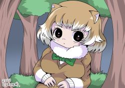 Rule 34 | 1girl, black-tailed prairie dog (kemono friends), blush, bow, bowtie, breasts, brown hair, dated, extra ears, forest, green bow, green bowtie, kemono friends, kemono friends 3, large breasts, looking at viewer, nature, night, noda ryo, short hair, signature, solo, sweater, v-neck