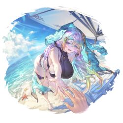 Rule 34 | 1boy, 1girl, alpha transparency, barefoot, beach, beach chair, beach umbrella, bikini, black bikini, blue sky, blush, breasts, cloud, cupitan (granblue fantasy), cupitan (summer) (granblue fantasy), day, feet, gradient hair, gran (granblue fantasy), granblue fantasy, green eyes, hair between eyes, hair ornament, large breasts, leaning forward, legs, lens flare, long hair, looking at viewer, low twintails, minaba hideo, multicolored hair, official art, open mouth, out of frame, outdoors, outstretched hand, rainbow hair, sideboob, sky, smile, solo focus, standing, starfish, swimsuit, thigh strap, toenails, toes, transparent background, twintails, umbrella, wet