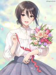 Rule 34 | 1girl, :d, black hair, blurry, blurry background, blush, bouquet, brown eyes, cloud, cloudy sky, commission, day, depth of field, flower, grey skirt, hagino kouta, hair between eyes, long sleeves, looking at viewer, open mouth, original, outdoors, petals, plaid, plaid skirt, pleated skirt, puffy long sleeves, puffy sleeves, purple flower, red flower, red rose, rose, shirt, skeb commission, skirt, sky, smile, solo, tulip, twitter username, white shirt, yellow flower, yellow rose