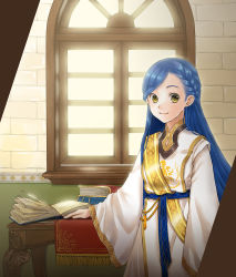 Rule 34 | 1girl, aged up, arm at side, blue hair, book, book stack, braid, braided bangs, closed mouth, cowboy shot, dress, formal, fringe trim, han (bello06), highres, honzuki no gekokujou, indoors, long hair, long sleeves, looking at viewer, myne (honzuki no gekokujou), open book, robe, sash, smile, solo, standing, swept bangs, tabard, table, tablecloth, wall, wide sleeves, window, yellow eyes