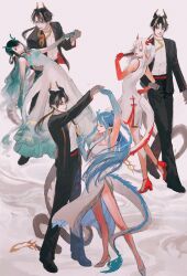 Rule 34 | 1boy, 3girls, absurdres, arknights, black hair, black jacket, black suit, blue dress, blue hair, brother and sister, china dress, chinese clothes, chong yue (arknights), closed eyes, colored extremities, commentary, dancing, dragon boy, dragon girl, dragon horns, dragon tail, dress, dusk (arknights), eastern dragon horns, facing another, formal, full body, fur-tipped tail, gradient hair, highres, holding hands, horns, jacket, ling (arknights), long hair, long sleeves, low ponytail, multicolored hair, multiple girls, multiple views, nian (arknights), open mouth, pink background, pointy ears, red eyes, shonoman, siblings, simple background, sleeveless, standing, standing on one leg, streaked hair, suit, symbol-only commentary, tail, very long hair, white dress, white hair