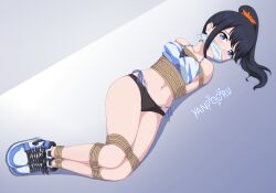 Rule 34 | 1girl, arms behind back, bdsm, bikini, black hair, blue eyes, blush, bondage, bound, bound ankles, bound arms, bound legs, bound torso, breasts, cloth gag, commentary, commentary request, english commentary, gag, gridman universe, highres, improvised gag, looking at viewer, medium breasts, mixed-language commentary, navel, restrained, rope, shibari, shibari over clothes, shoes, sneakers, solo, ssss.gridman, swimsuit, takarada rikka, thighs, yanpooru