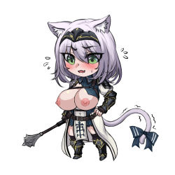 Rule 34 | 1girl, animal ear fluff, animal ears, armor, armored dress, belt, belt pouch, black gloves, black thighhighs, blue dress, blush, bow, breasts, breasts out, brown belt, cat ears, cat girl, cat tail, chest guard, chest harness, chest strap, chibi, chinese commentary, cleavage, cleavage cutout, clothing cutout, collared dress, commentary request, covered navel, dress, fingerless gloves, flying sweatdrops, full body, gloves, greaves, green eyes, grey hair, hair between eyes, harness, holding, holding weapon, hololive, kemonomimi mode, large breasts, leather belt, looking at viewer, mace, medium hair, nipples, open mouth, pauldrons, pelvic curtain, pouch, puffy sleeves, shirogane noel, shirogane noel (1st costume), short dress, shoulder armor, simple background, single pauldron, solo, tail, tail bow, tail ornament, thighhighs, vambraces, virtual youtuber, waist cape, weapon, white background, yeklsa