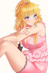 Rule 34 | 1girl, bare arms, bare shoulders, blonde hair, blue eyes, blush, breasts, cleavage, commentary request, frills, idolmaster, idolmaster cinderella girls, koukoku, large breasts, long hair, looking at viewer, ohtsuki yui, pencil skirt, pink shirt, pink skirt, ponytail, shirt, simple background, skirt, smile, solo, thigh strap, wavy hair, white background