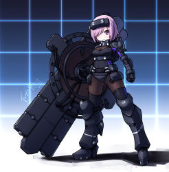 Rule 34 | 1girl, adapted costume, armor, black thighhighs, blue background, bodysuit, bodysuit under clothes, boots, brown bodysuit, cable, clenched hand, closed mouth, fate/grand order, fate (series), faulds, frown, full body, glowing, gorget, gradient background, greaves, grid background, hair over one eye, head-mounted display, high heel boots, high heels, highres, holding, langbazi, legs apart, looking at viewer, mash kyrielight, mash kyrielight (ortenaus), one eye covered, pauldrons, pink eyes, purple hair, shield, short hair, shoulder armor, signature, solo, standing, thighhighs, white background