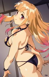 Rule 34 | 1girl, artist name, ass, bare arms, bare shoulders, bikini, black bikini, black choker, blonde hair, breasts, choker, commentary, ear piercing, english commentary, floral print, from behind, gradient hair, halterneck, highres, indoors, kitagawa marin, large breasts, long hair, looking at viewer, looking back, multicolored hair, optionaltypo, piercing, pink hair, print bikini, red eyes, smile, solo, sono bisque doll wa koi wo suru, string bikini, swimsuit