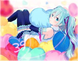 Rule 34 | 1girl, asagao minoru, black skirt, black thighhighs, blue eyes, blue hair, blurry, blurry foreground, collared shirt, commentary request, depth of field, frilled shirt, frilled shirt collar, frilled thighhighs, frills, from behind, hair between eyes, hatsune miku, heart, heart-shaped pillow, highres, knees together feet apart, knees up, long hair, looking at viewer, looking back, parted lips, pillow, pleated skirt, shirt, skirt, sleeveless, sleeveless shirt, solo, thighhighs, twintails, very long hair, vocaloid, white shirt