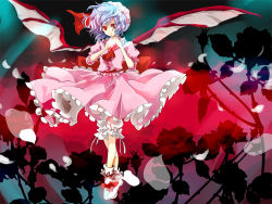 Rule 34 | 1girl, ascot, bat wings, bloomers, brooch, dress, female focus, frilled dress, frills, full body, gem, jewelry, looking at viewer, pink dress, popoin, puffy short sleeves, puffy sleeves, red eyes, remilia scarlet, shoes, short hair, short sleeves, silver hair, solo, touhou, underwear, walking, wings