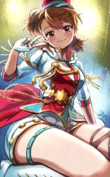 Rule 34 | 1girl, backlighting, blush, breasts, brown hair, chain, fingerless gloves, futami ami, gloves, hat, highres, idol clothes, idolmaster, idolmaster million live!, kneeling, looking at viewer, medium breasts, mini hat, one side up, smile, solo, sylvaniaf, thighs, v, white footwear, white gloves