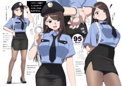 Rule 34 | !, 1girl, adjusting clothes, adjusting headwear, arms behind back, black footwear, black pantyhose, black skirt, blush, bound, bound wrists, breasts, brown hair, commentary request, cowboy shot, cuffs, earrings, facial tattoo, full body, grey eyes, hair over one eye, handcuffs, hat, high heels, jewelry, kuro (toi et moi), long hair, looking at viewer, medium breasts, miniskirt, mole, mole under mouth, multiple views, open mouth, original, pantyhose, police, police hat, police uniform, policewoman, purple nails, simple background, skirt, smile, solo, sound effects, speech bubble, star tattoo, straight hair, tattoo, teeth, uniform, white background, wide-eyed
