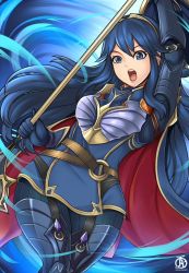 Rule 34 | 1girl, armor, blue eyes, blue hair, cape, fire emblem, fire emblem awakening, fire emblem heroes, long hair, lucina (fire emblem), nintendo, polearm, revolverwing, shield, solo, spear, tagme, weapon, wide hips