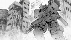 Rule 34 | absurdres, building, greyscale, highres, kawasemi alter, looking ahead, mecha, monochrome, no humans, original, radio antenna, robot, science fiction, solo, standing
