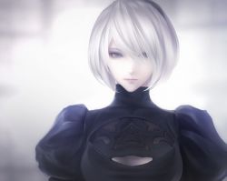 Rule 34 | 1girl, arms at sides, black dress, black hairband, blue eyes, bob cut, breasts, cleavage cutout, closed mouth, clothing cutout, dress, erise, eyelashes, hair over one eye, hairband, juliet sleeves, lips, long sleeves, looking at viewer, medium breasts, mole, mole under mouth, nier:automata, nier (series), no blindfold, nose, pink lips, puffy sleeves, short hair, silver hair, solo, turtleneck, upper body, 2b (nier:automata)