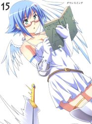 Rule 34 | 00s, angel, angel of light nanael, angel wings, artbook, asymmetrical wings, bare shoulders, blue hair, blush, book, boots, elbow gloves, glasses, gloves, green eyes, highres, kuuchuu yousai, miniskirt, nanael (queen&#039;s blade), nanael (queen's blade), open book, open mouth, panties, queen&#039;s blade, reading, scan, short hair, skirt, solo, standing, sword, thighhighs, underwear, weapon, wings
