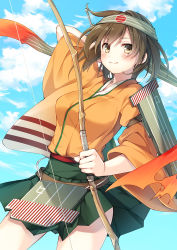 Rule 34 | 10s, 1girl, arm behind head, blue sky, bow (weapon), breasts, brown eyes, brown hair, day, flight deck, green skirt, hachimaki, hakama, hakama short skirt, hakama skirt, headband, hiryuu (kancolle), hiryuu kai ni (kancolle), japanese clothes, kantai collection, large breasts, looking at viewer, pleated skirt, short hair, skirt, sky, smile, solo, toosaka asagi, weapon