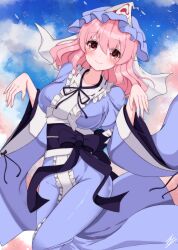 Rule 34 | 1girl, absurdres, blue hat, blue kimono, blue sky, breasts, closed mouth, cloud, commentary, hat, highres, ibuibuyou, japanese clothes, kimono, looking at viewer, medium hair, mob cap, outdoors, pink eyes, pink hair, saigyouji yuyuko, sky, smile, solo, touhou, triangular headpiece