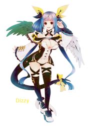 Rule 34 | 1girl, 8055, angel wings, asymmetrical wings, bare shoulders, belt, black panties, black thighhighs, blue hair, boots, breasts, buttons, character name, choker, cleavage, cleavage cutout, clothing cutout, dizzy (guilty gear), full body, guilty gear, guilty gear xrd, hair between eyes, hair ribbon, hair rings, high heels, large breasts, midriff, monster girl, navel, open mouth, panties, red eyes, ribbon, simple background, smile, solo, tail, tail ornament, tail ribbon, thigh gap, thigh strap, thighhighs, thighs, twintails, underwear, white background, wings, yellow ribbon