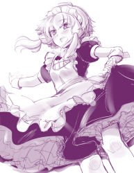 Rule 34 | 1girl, apron, blush, commentary, cowboy shot, dress, dutch angle, frilled skirt, frills, from below, maid, maid apron, maid day, maid headdress, monochrome, nise nanatsura, open mouth, outstretched arm, petticoat, short hair with long locks, short sleeves, sidelocks, sketch, skirt, skirt hold, smile, solo, vocaloid, voiceroid, white background, wrist cuffs, yuzuki yukari