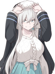 Rule 34 | 1girl, anastasia (fate), black jacket, blue eyes, blue skirt, blush, breasts, fate/grand order, fate (series), hair over one eye, hood, hood up, jacket, large breasts, long hair, long sleeves, looking at viewer, open clothes, open jacket, shiseki hirame, silver hair, simple background, skirt, smile, solo, sweater, under the same sky, white background, white sweater