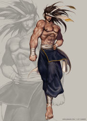 Rule 34 | 1boy, abs, ankle wrap, astonishia story 2, barefoot, black pants, blue eyes, brown hair, closed mouth, commentary, english commentary, full body, grey background, headband, highres, limha lekan, long hair, looking at viewer, male focus, muscular, muscular male, nipples, official art, pants, ruduek, serious, solo, topless male, white headband, wrist wrap, zoom layer
