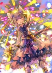 Rule 34 | 1girl, bare arms, belt, blonde hair, cha goma, colorful, earmuffs, highres, looking at viewer, open mouth, pointy hair, ritual baton, shirt, skirt, sleeveless, sleeveless shirt, smile, solo, spell, sword, thighhighs, thighs, touhou, toyosatomimi no miko, weapon, yellow eyes, zettai ryouiki