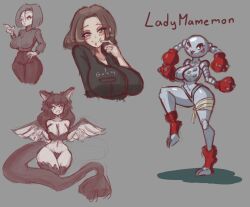 Rule 34 | bandages, blush, boxing gloves, breasts, digimon, digimon (creature), happy, highres, large breasts, looking at viewer, mamemon, original, samsung, samsung sam, shadow, smile, tail, wings