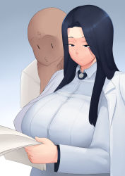 Rule 34 | 1girl, bald, blue eyes, blue hair, breasts, closed mouth, half-closed eyes, hand on own chin, highres, holding, holding paper, invincible dragon (last origin), jacket, jewelry, large breasts, last origin, long hair, looking down, matching hair/eyes, moebell, paper, ring, shirt, simple background, standing, upper body, white jacket, white shirt