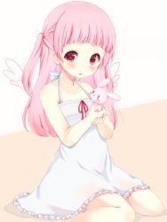 Rule 34 | 1girl, angel wings, child, dress, highres, holding, knees together feet apart, long hair, nukochan, original, pink hair, red eyes, sitting, solo, stuffed toy, tears, twintails, two side up, white dress, wings