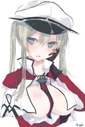 Rule 34 | 10s, 1girl, :o, absurdres, artist name, blonde hair, blue eyes, breast hold, breasts, brown gloves, covered erect nipples, gloves, graf zeppelin (kancolle), hair between eyes, hat, head tilt, highres, kantai collection, large breasts, long sleeves, looking at viewer, military, military uniform, nao (qqqbb), no bra, open mouth, peaked cap, short hair, sidelocks, simple background, sketch, solo, twintails, uniform, upper body, white background, white hat