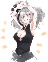 Rule 34 | 1girl, animal ears, arknights, armpits, arms up, black hair, black shirt, breasts, cleavage, cleavage cutout, clothing cutout, commentary request, feater (arknights), grey hair, grin, hair over one eye, hiiragi (hiragi w p e), holding, holding removed eyewear, looking at viewer, medium breasts, multicolored hair, notice lines, one-hour drawing challenge, pink eyes, round eyewear, shirt, short eyebrows, simple background, sleeveless, sleeveless shirt, smile, solo, streaked hair, sunglasses, thick eyebrows, twintails, unworn eyewear, white background