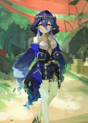 Rule 34 | 1girl, absurdres, black footwear, black gloves, blue dress, blue hair, blue hood, cart, closed mouth, crate, dress, drill hair, foot out of frame, genshin impact, gloves, grass, hair between eyes, high heels, highres, house, layla (genshin impact), long hair, long sleeves, off-shoulder dress, off-shoulder shirt, off shoulder, orange eyes, outdoors, own hands together, pointy ears, shirt, slit pupils, smile, solo, thighhighs, tree, tuki sakuya a, vase, very long hair, white shirt, white thighhighs