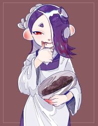 Rule 34 | 1girl, bowl, brown background, hachimaki, hair over one eye, headband, highres, holding, holding bowl, licking lips, long hair, looking at viewer, nejiri hachimaki, nintendo, octoling, purple hair, red bean paste, red eyes, shiver (splatoon), solo, splatoon (series), splatoon 3, standing, tentacle hair, thick eyebrows, tongue, tongue out, veryfatbigcat