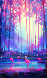 animal bird bush commentary english_commentary flamingo forest glowing highres kloir landscape light_particles mountain nature no_humans original painterly pink_light plant pond sunlight tree